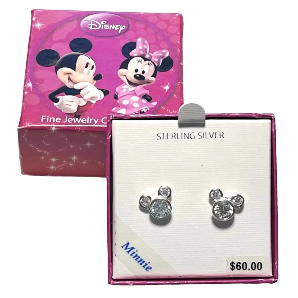 Disney Mickey MINNIE MOUSE EARRINGS Sterling Silver & CZ Rhinestone Studs Girls